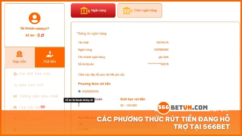 566bet cung cấp đa dạng phương thức rút tiền tiện lợi như chuyển khoản ngân hàng, ví điện tử và các kênh khác tùy thời điểm.