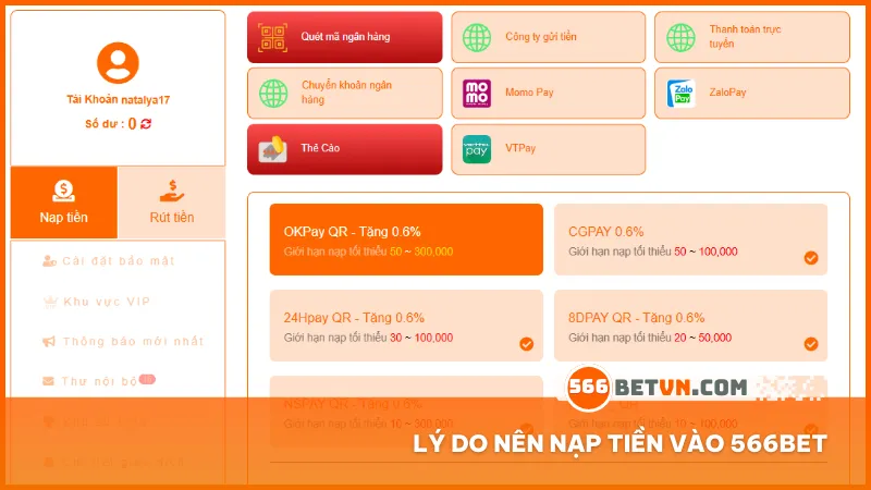 Nạp tiền là bước đầu tiên để bạn bắt đầu đặt cược, kích hoạt ưu đãi và sử dụng trọn vẹn tính năng tại 566bet.
